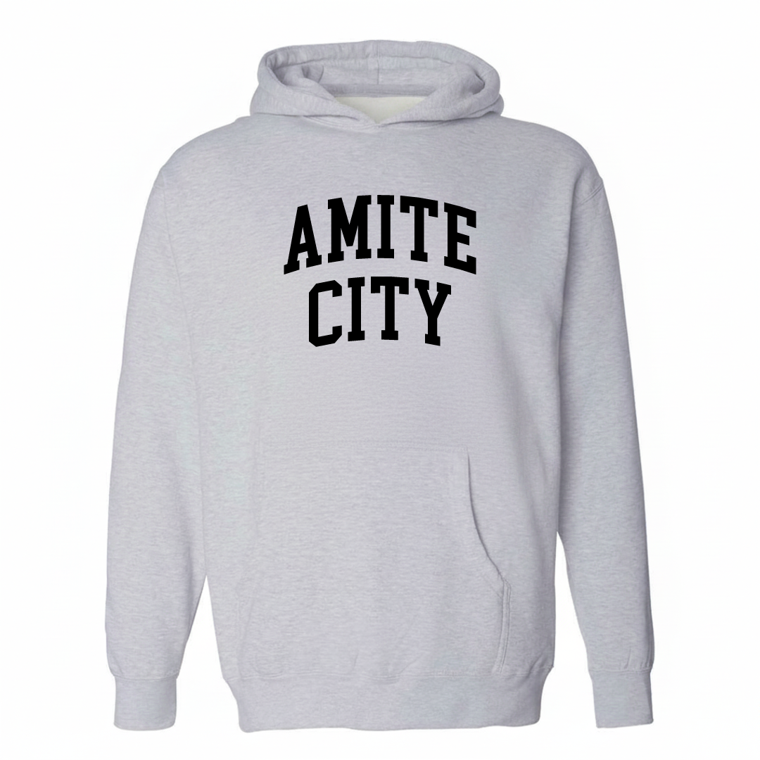 Heather-gray hoodie with the Amite City varsity arched lettering design on the chest.