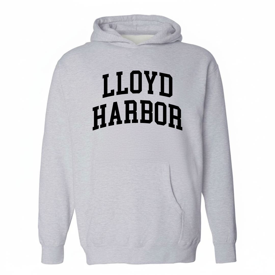 Heather-gray hoodie with the Lloyd Harbor arched lettering varsity-collegiate design on the chest.