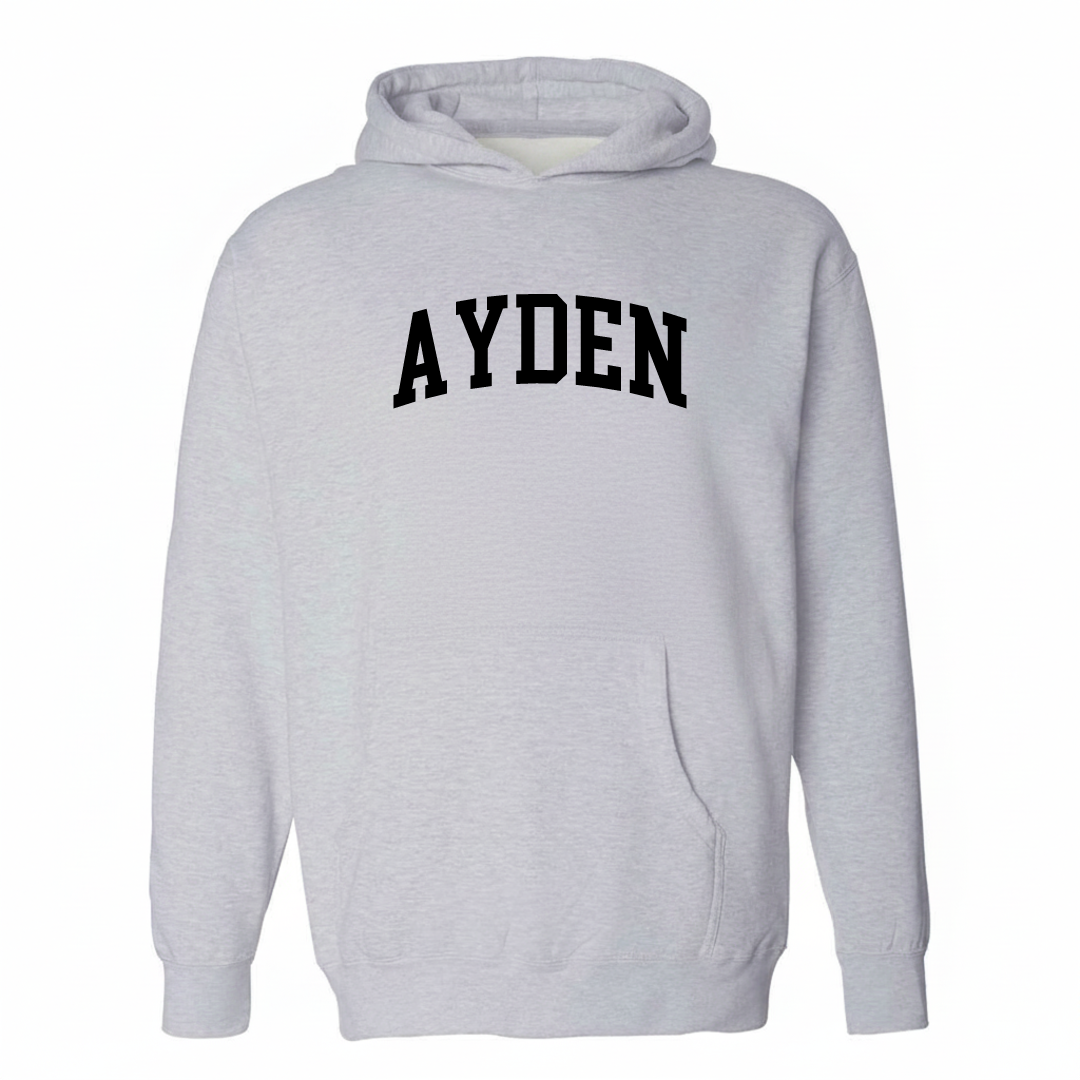 Heather-gray hoodie with the Ayden varsity arched lettering design on the chest.