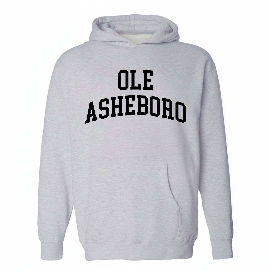 Heather-gray hoodie with the Ole Asheboro arched lettering design on the chest.