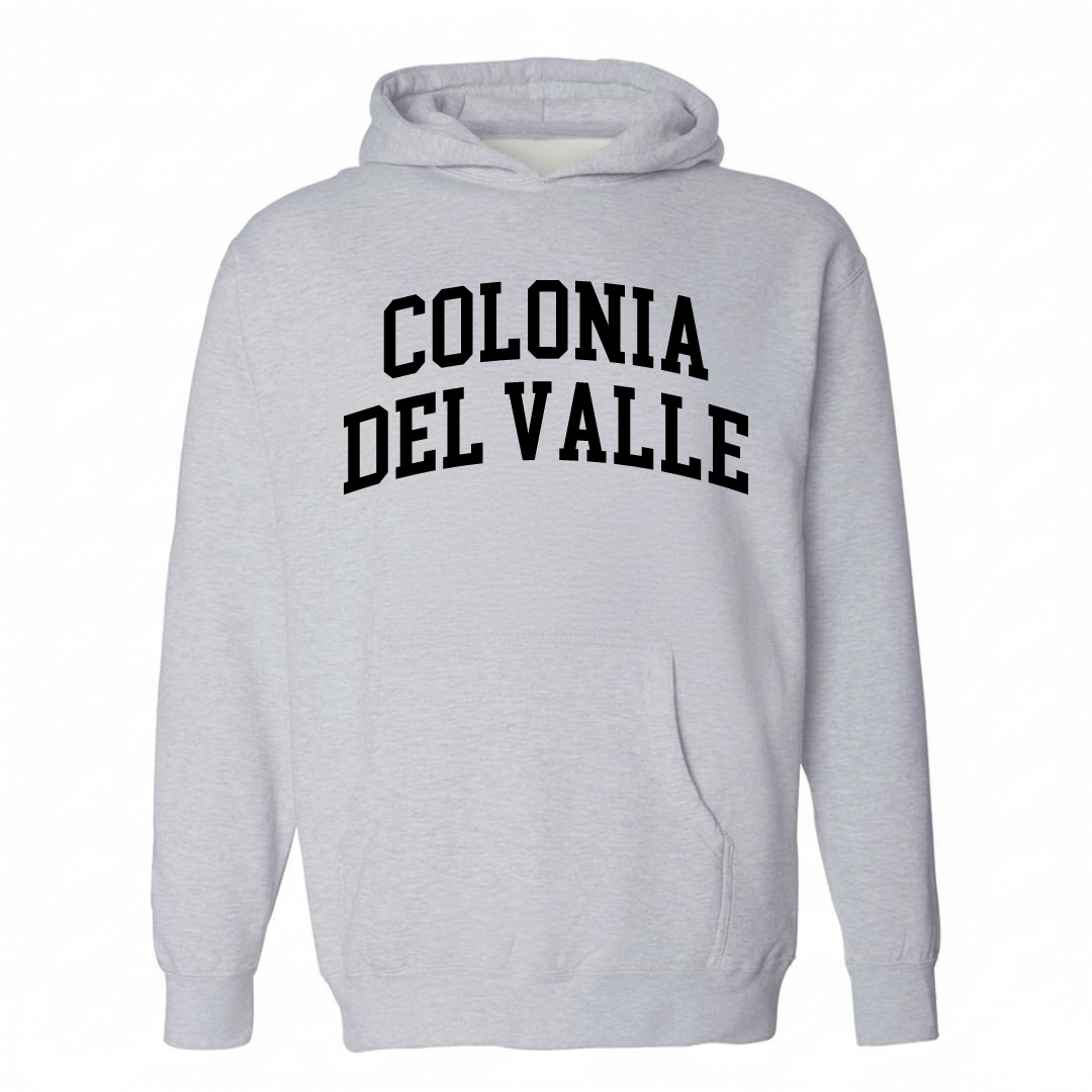 Heather-gray hoodie with the Colonia Del Valle varsity arched lettering design on the chest.