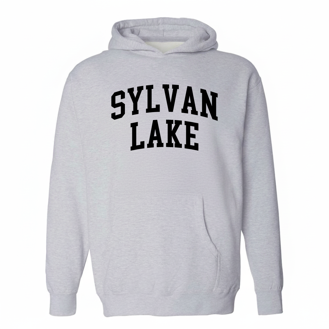 Heather-gray hoodie with the Sylvan Lake arched lettering design on the chest.