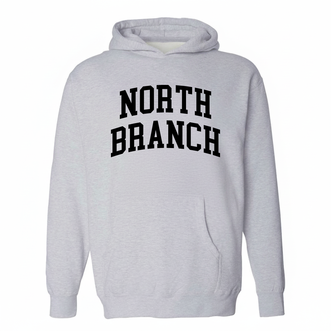 Heather-gray hoodie with the North Branch varsity arched lettering design on the chest.