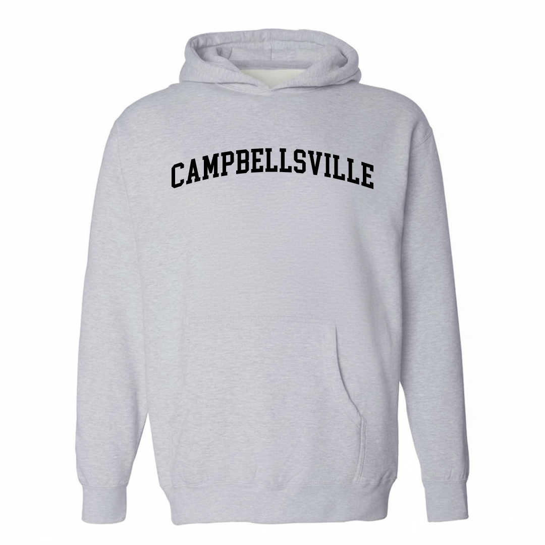 Heather-gray hoodie with the Campbellsville varsity arched lettering design on the chest.