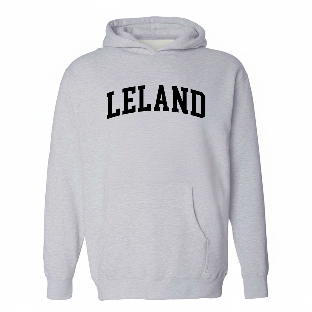 Heather-gray hoodie with the Leland arched varsity lettering design on the chest.