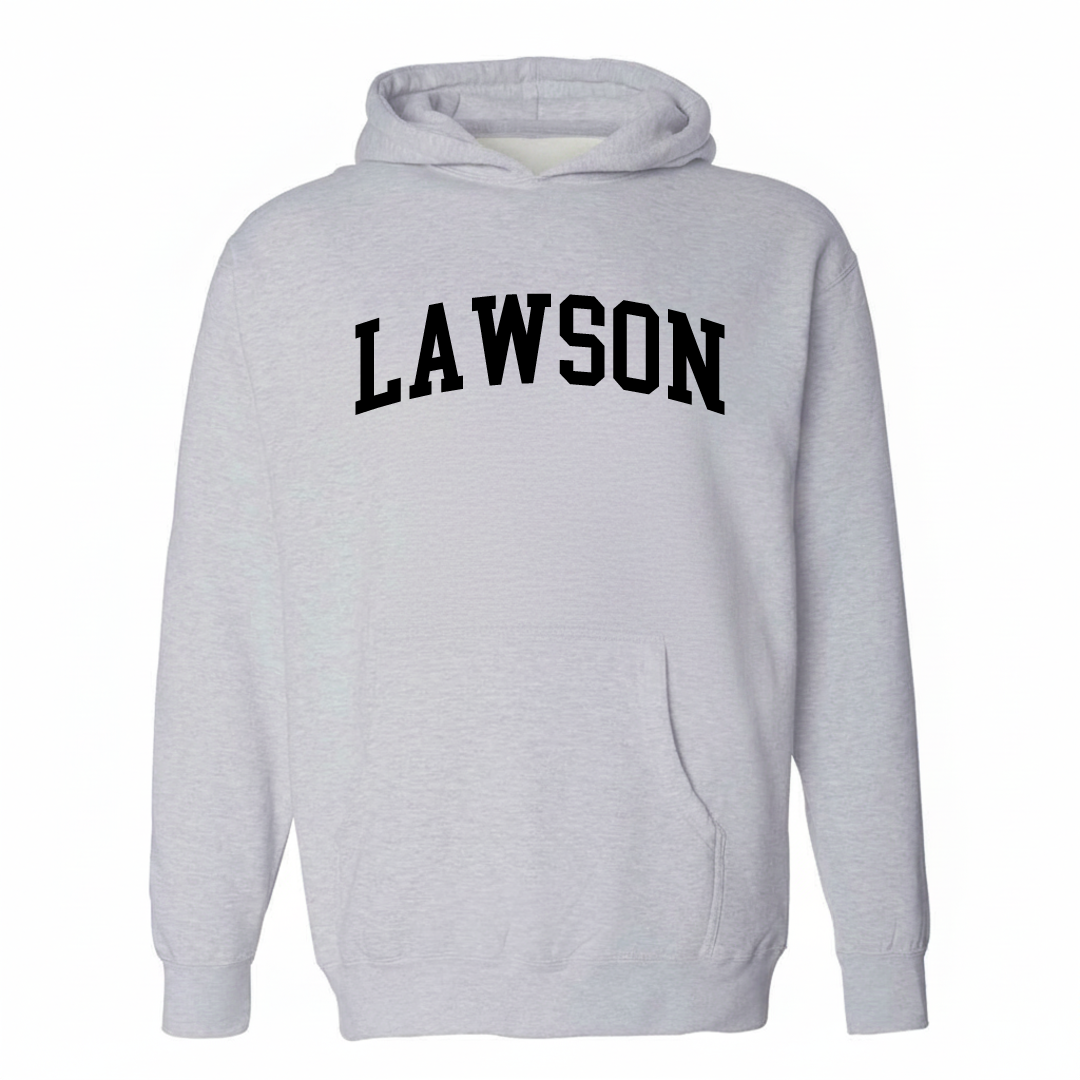 Heather-gray hoodie with the Lawson arched lettering varsity-collegiate design on the chest.