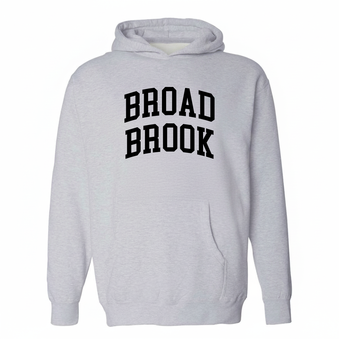 Heather-gray hoodie with the Broad Brook varsity arched lettering design on the chest.