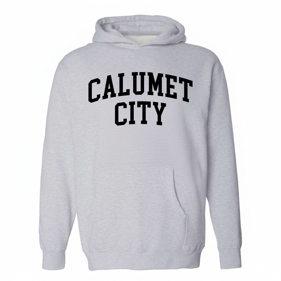 Heather-gray hoodie with the Calumet City varsity arched lettering design on the chest.