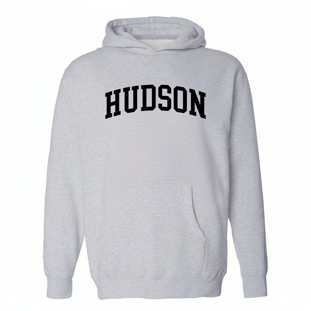 Heather-gray hoodie with the Hudson varsity arched lettering design on the chest.