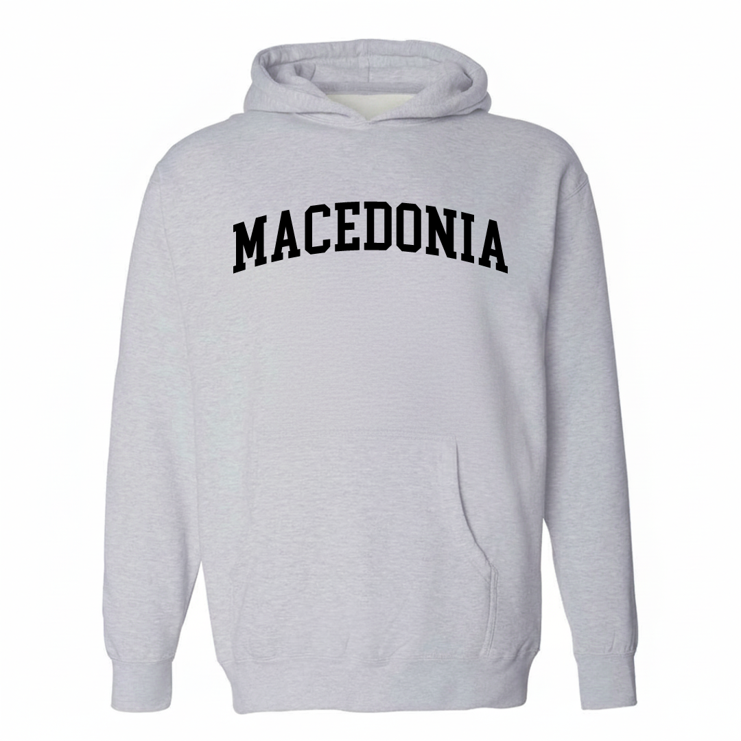 Heather-gray hoodie with the Macedonia arched varsity lettering design on the chest.