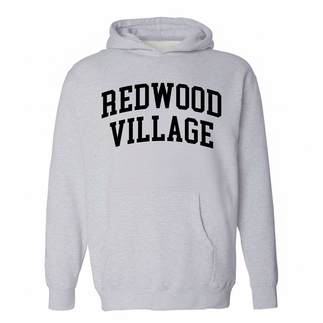 Heather-gray hoodie with the Redwood Village varsity arched lettering design on the chest.