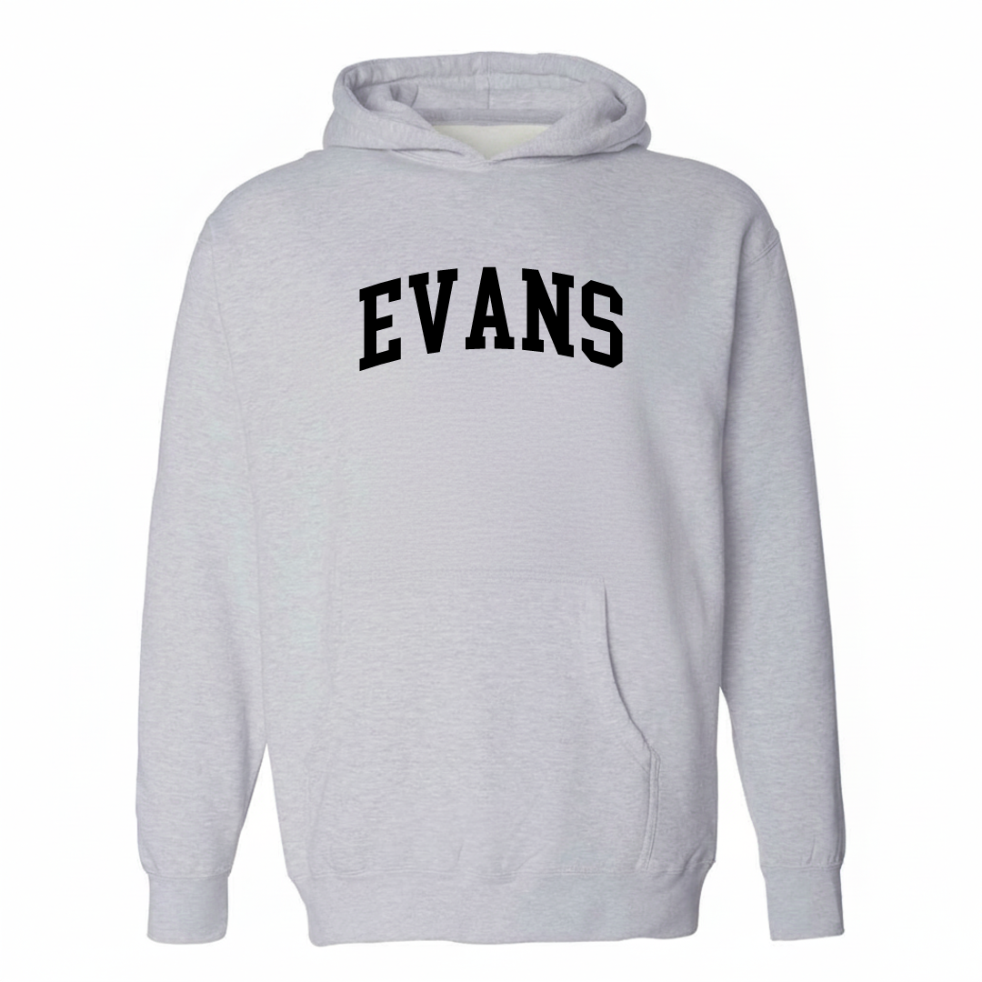 Heather-gray hoodie with the Evans varsity arched lettering design on the chest.