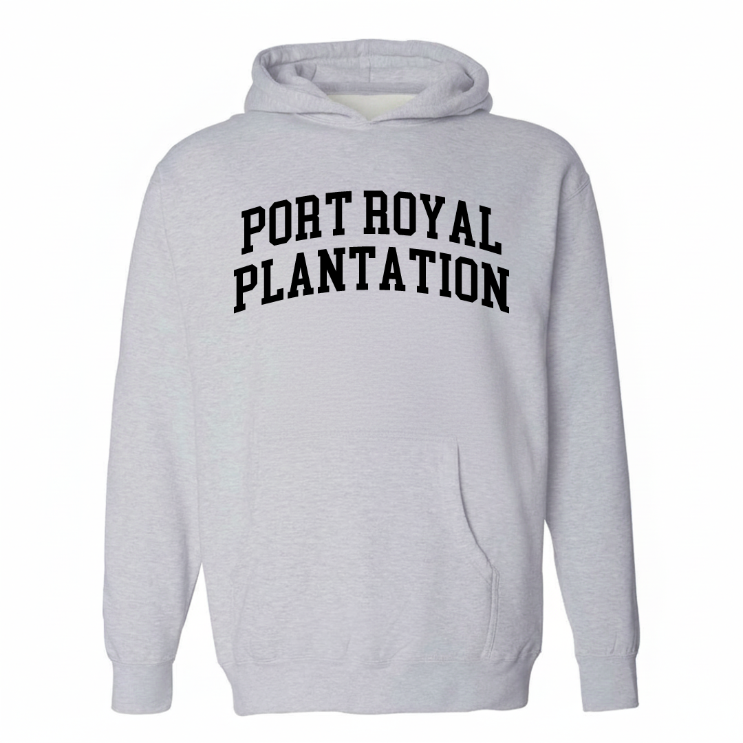 Heather-gray hoodie with the Port Royal Plantation varsity arched lettering design on the chest.