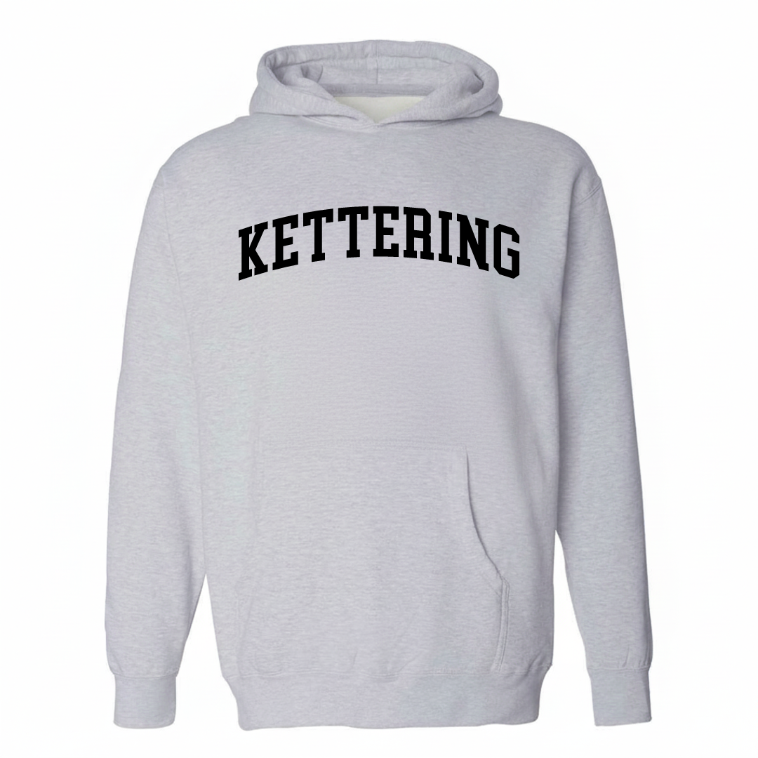 Heather-gray hoodie with the Kettering arched lettering design on the chest.