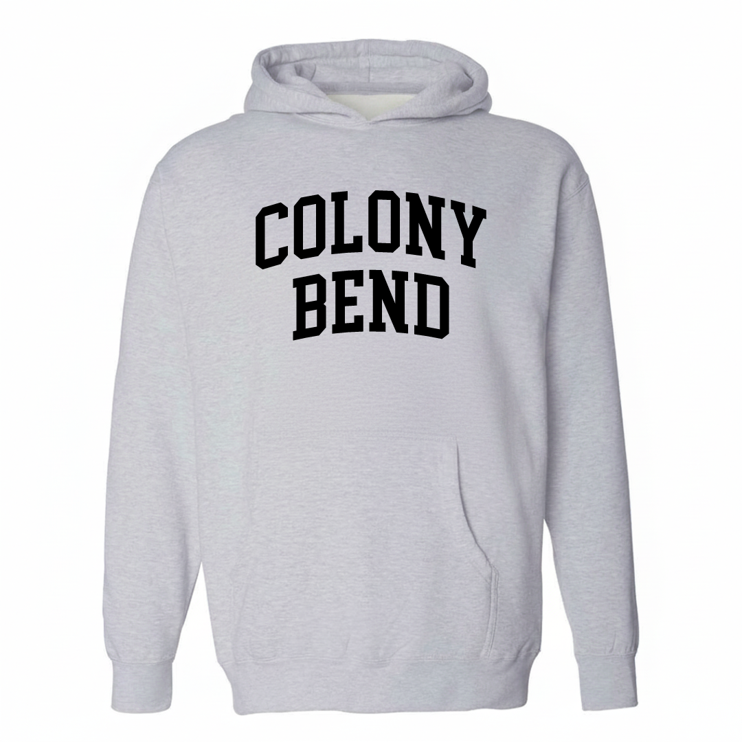 Heather-gray hoodie with the Colony Bend varsity arched lettering design on the chest.