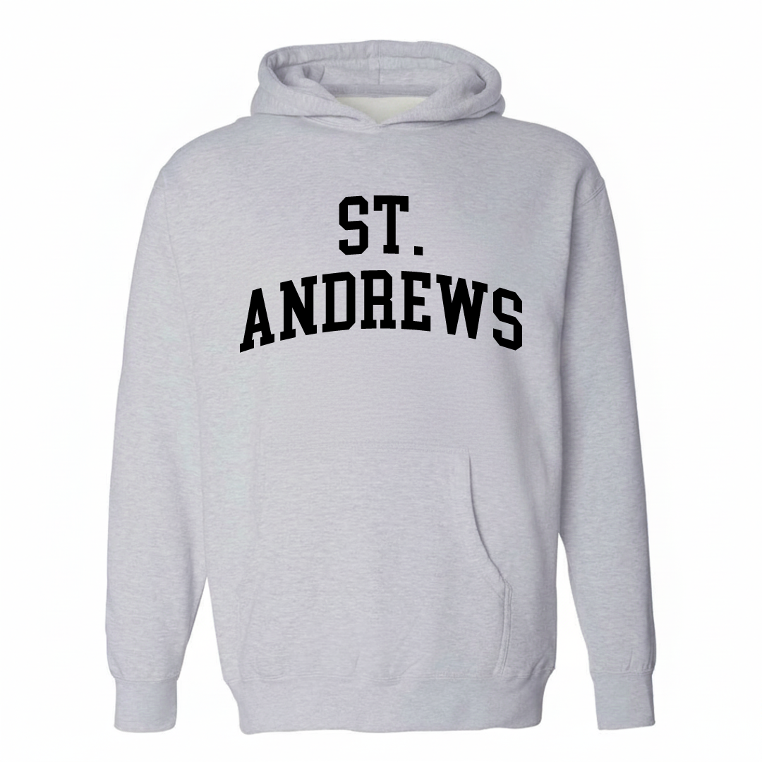 Heather-gray hoodie with the St. Andrews varsity arched lettering design on the chest.