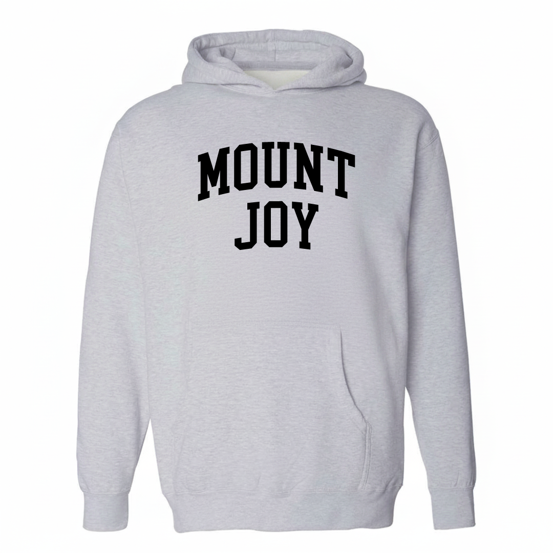 Heather-gray hoodie with the Mount Joy arched varsity lettering design on the chest.