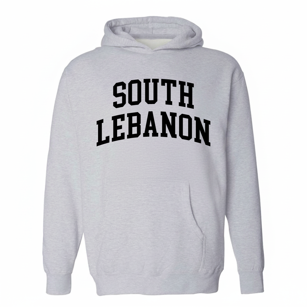 Heather-gray hoodie with the South Lebanon varsity arched lettering design on the chest.