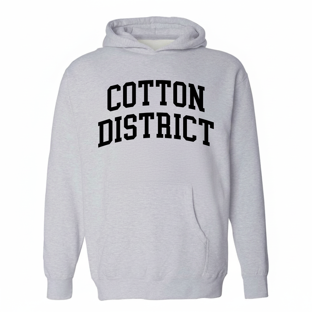 Heather-gray hoodie with the Cotton District varsity arched lettering design on the chest.