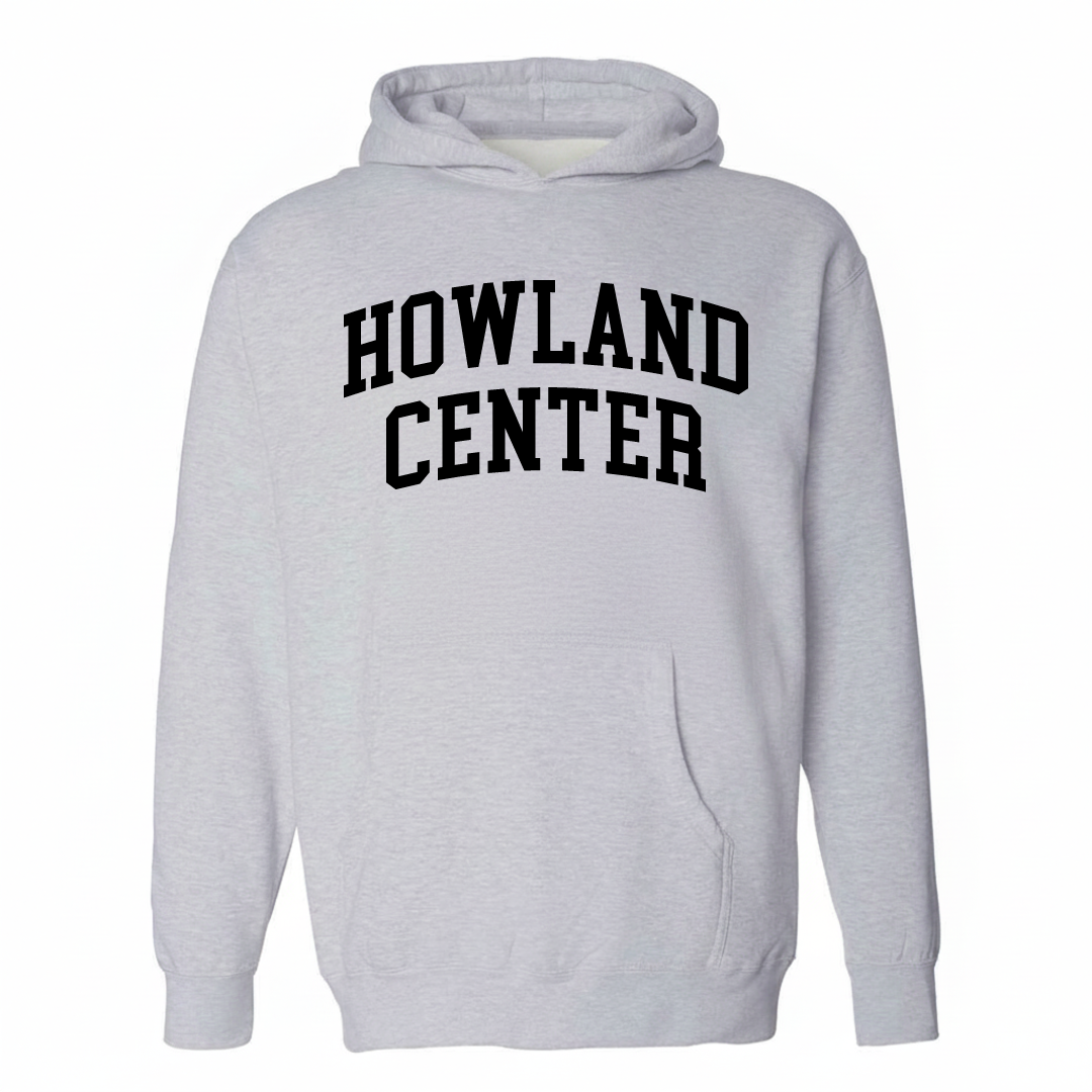 Heather-gray hoodie with the Howland Center varsity arched lettering design on the chest.