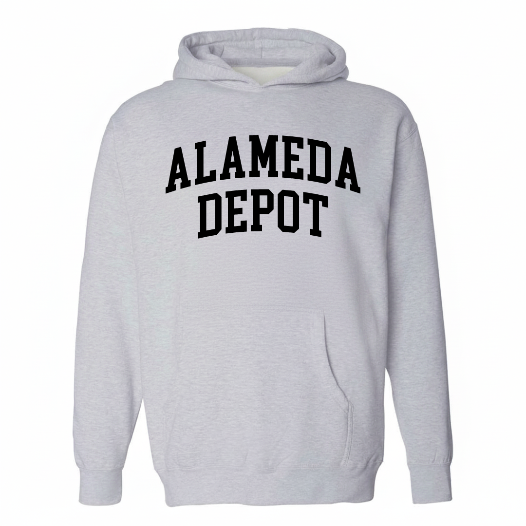 Heather-gray hoodie with the Alameda-Depot varsity arched lettering design on the chest.