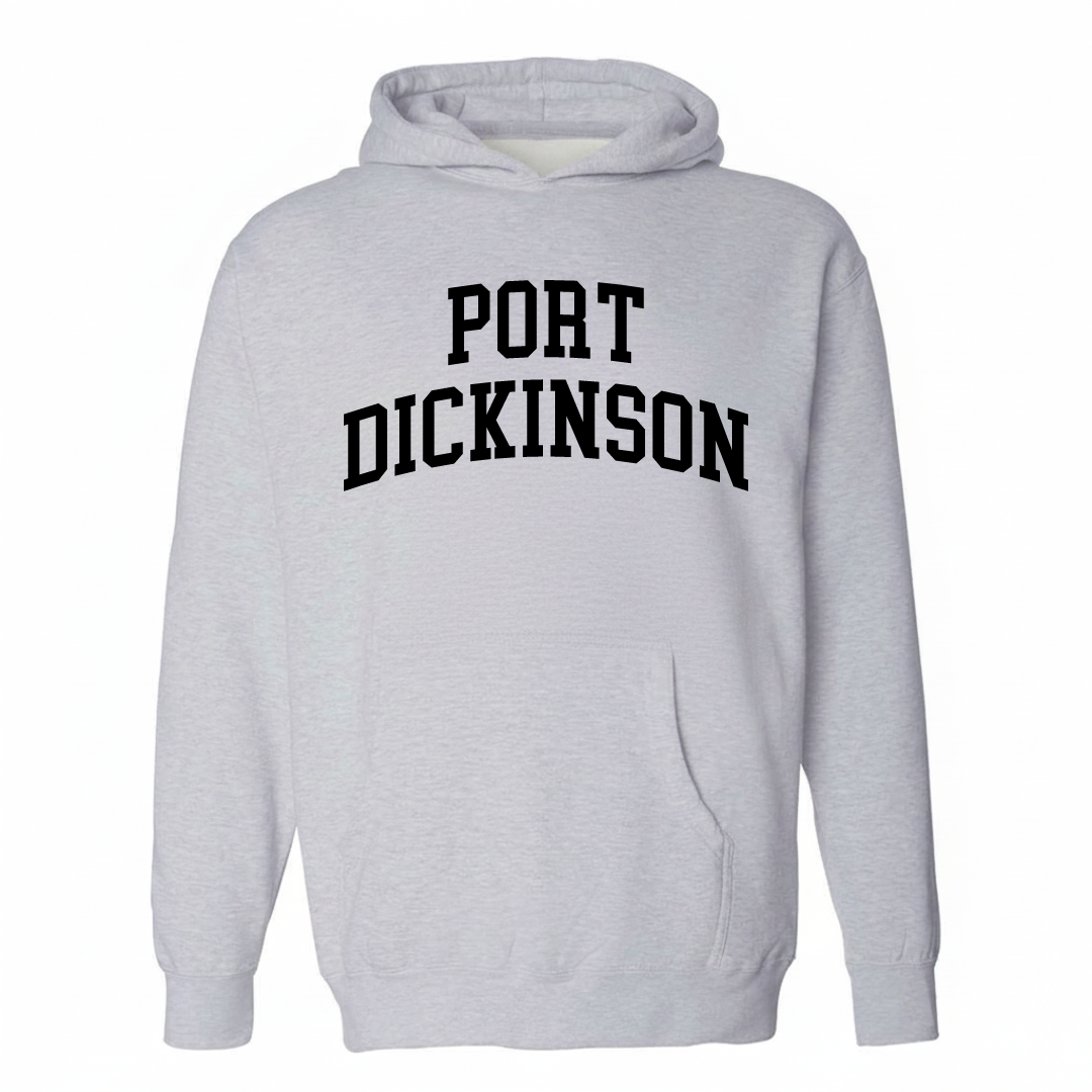 Heather-gray hoodie with the Port Dickinson varsity arched lettering design on the chest.