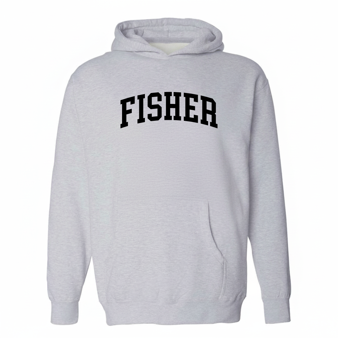 Heather-gray hoodie with the Fisher, Illinois varsity arched lettering design on the chest.