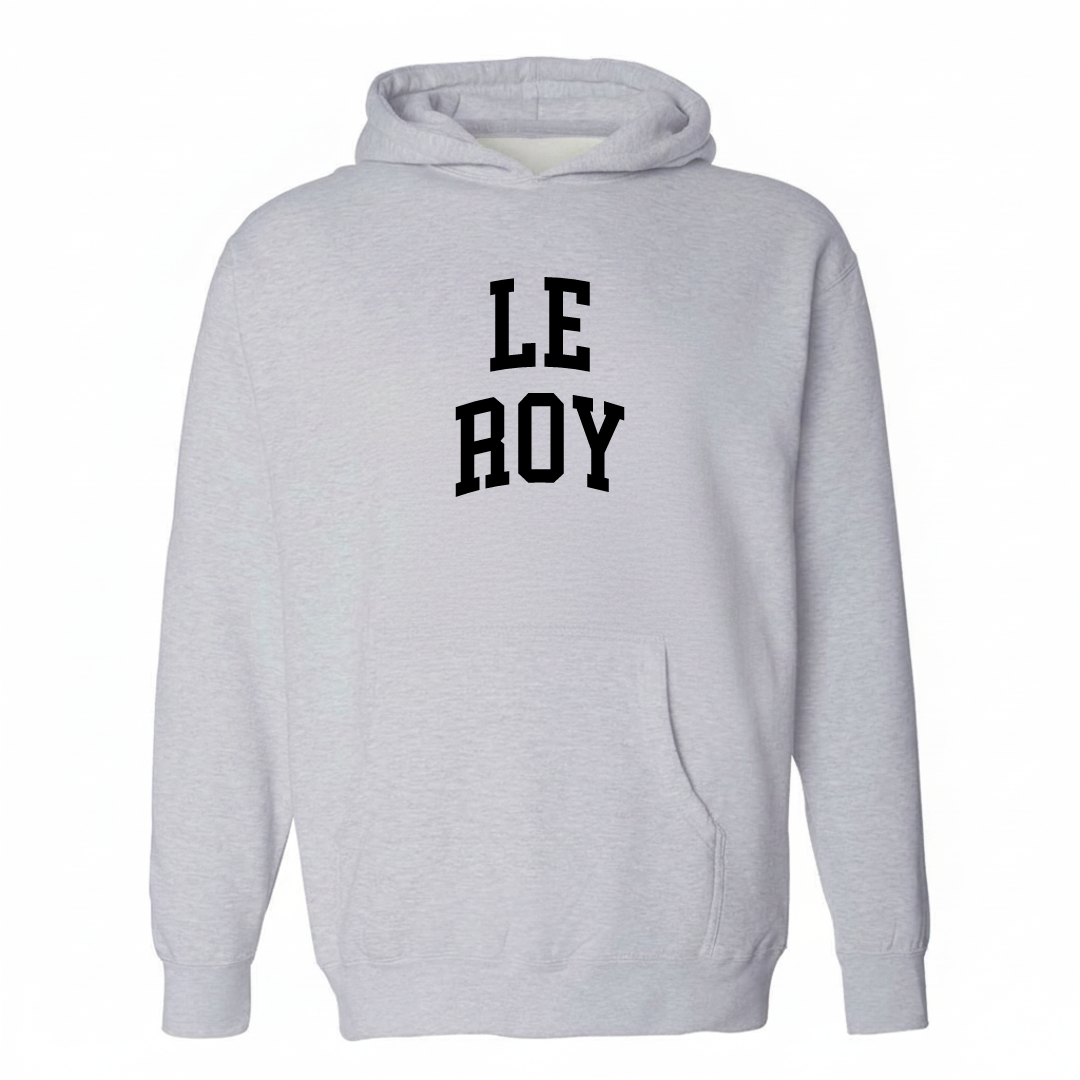 Heather-gray hoodie with the Le Roy varsity arched lettering design on the chest.