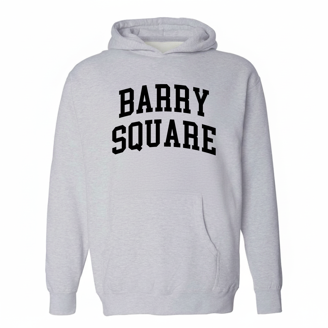 Heather-gray hoodie with the Barry Square arched lettering design on the chest.