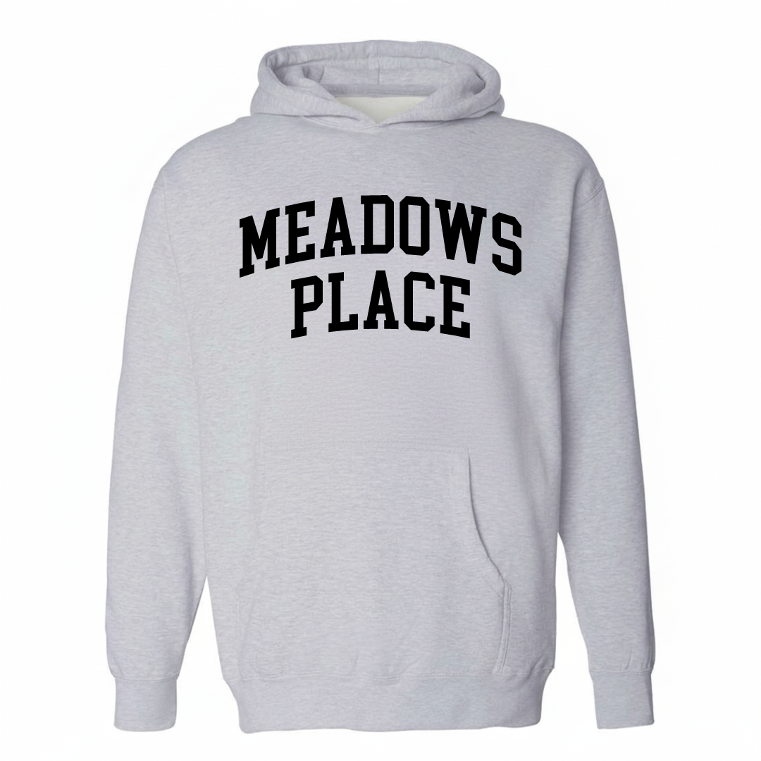 Heather-gray hoodie with the Meadows Place varsity arched lettering design on the chest.