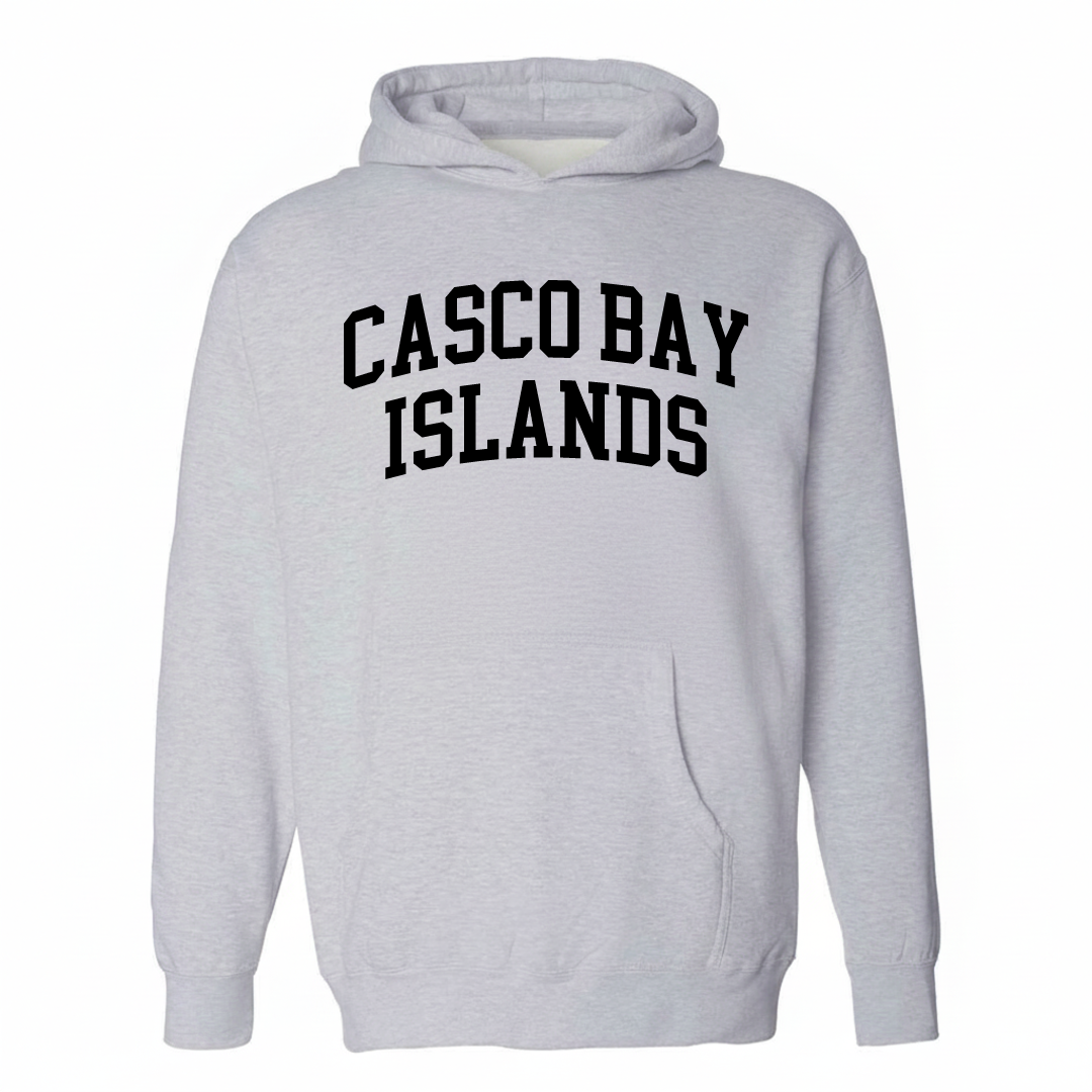 Heather-gray hoodie with the Casco Bay Islands varsity arched lettering design on the chest.