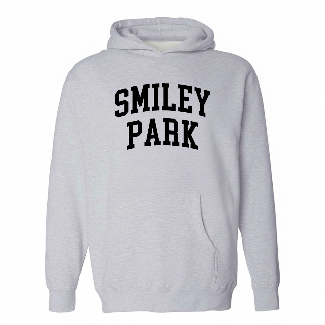 Heather-gray hoodie with the Smiley Park varsity arched lettering design on the chest.