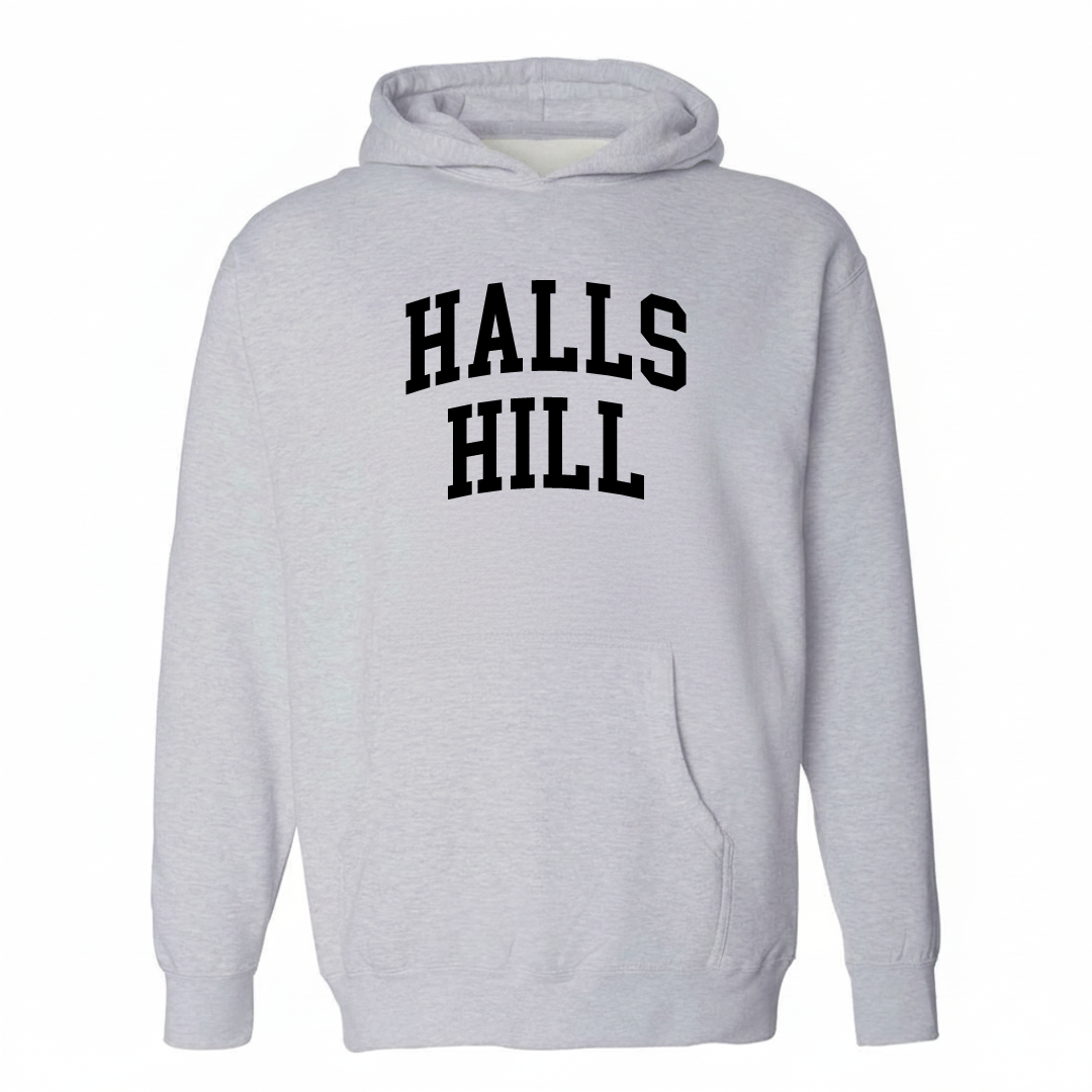 Heather-gray hoodie with the Halls Hill varsity arched lettering design on the chest.