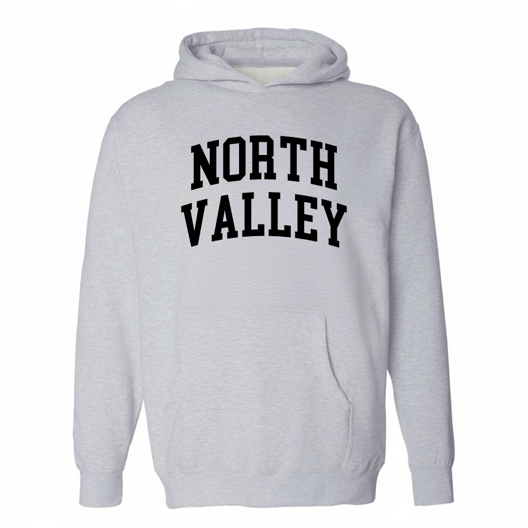 Heather-gray hoodie with the North Valley arched lettering varsity-collegiate design on the chest.