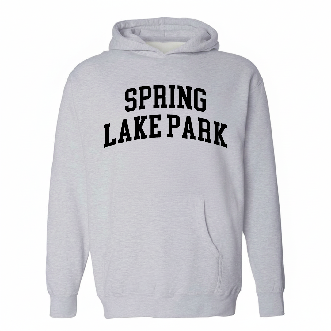 Heather-gray hoodie with the Spring Lake Park varsity arched lettering design on the chest.