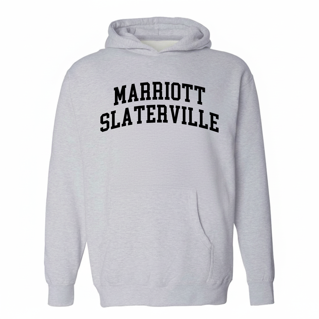 Heather-gray hoodie with the Marriott-Slaterville varsity arched lettering design on the chest.