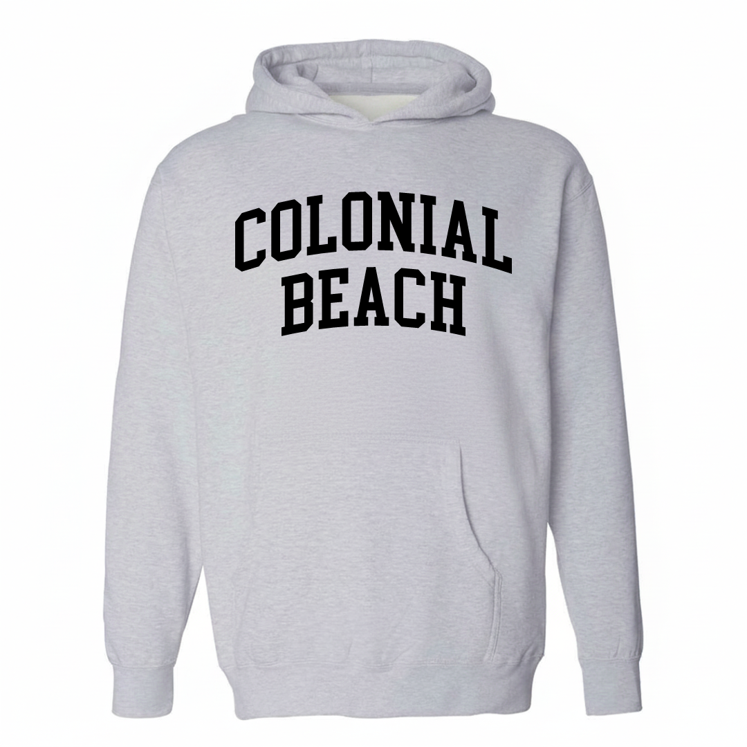 Heather-gray hoodie with the Colonial Beach varsity arched lettering design on the chest.