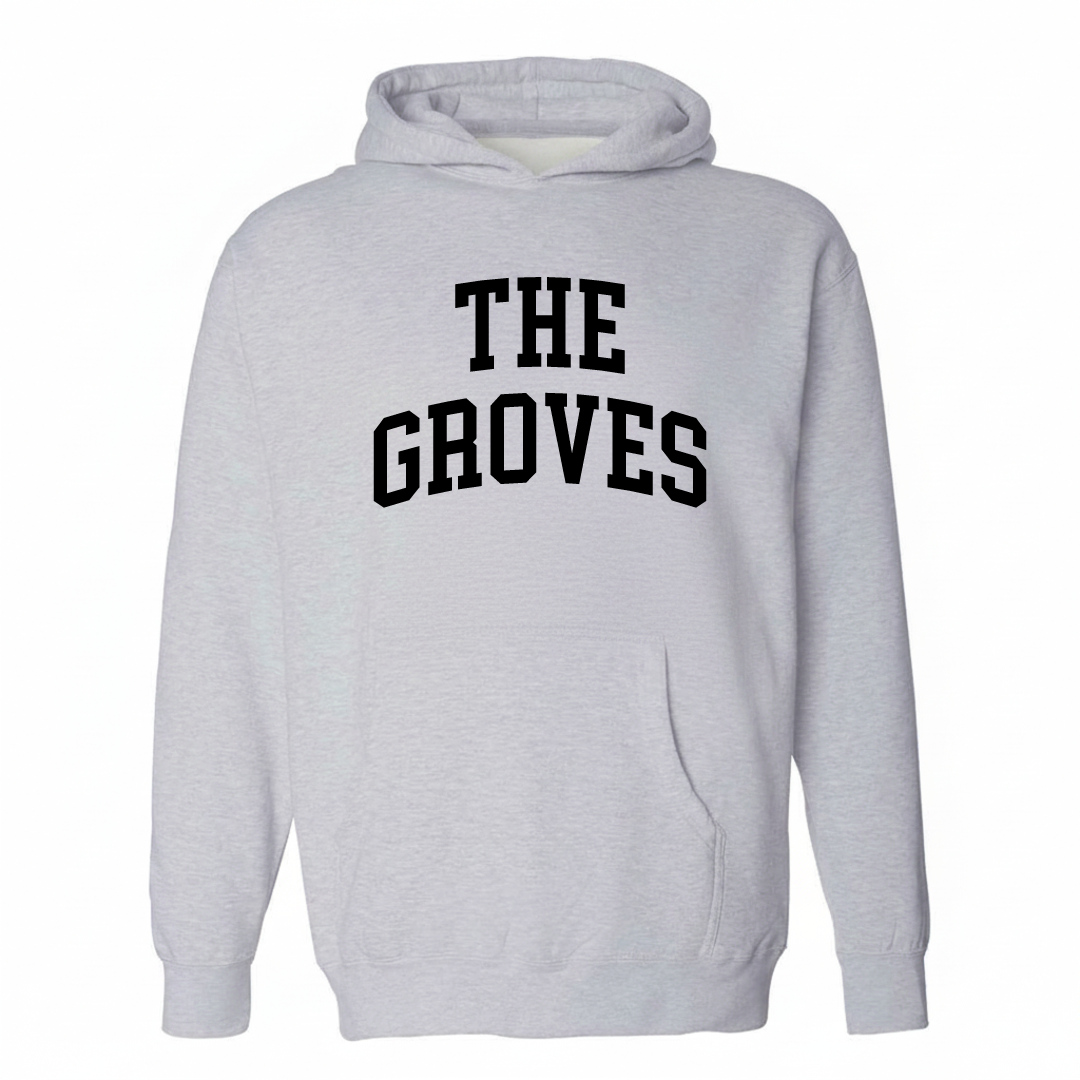 Heather-gray hoodie with The Groves Mesa AZ arched lettering design on the chest.