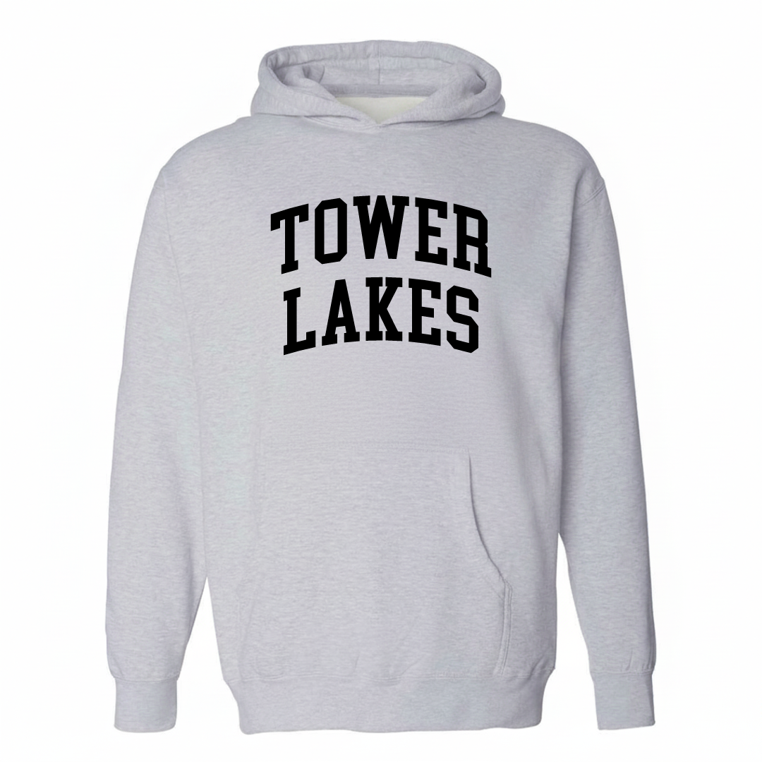 Heather-gray hoodie with the Tower Lakes arched varsity lettering design on the chest.