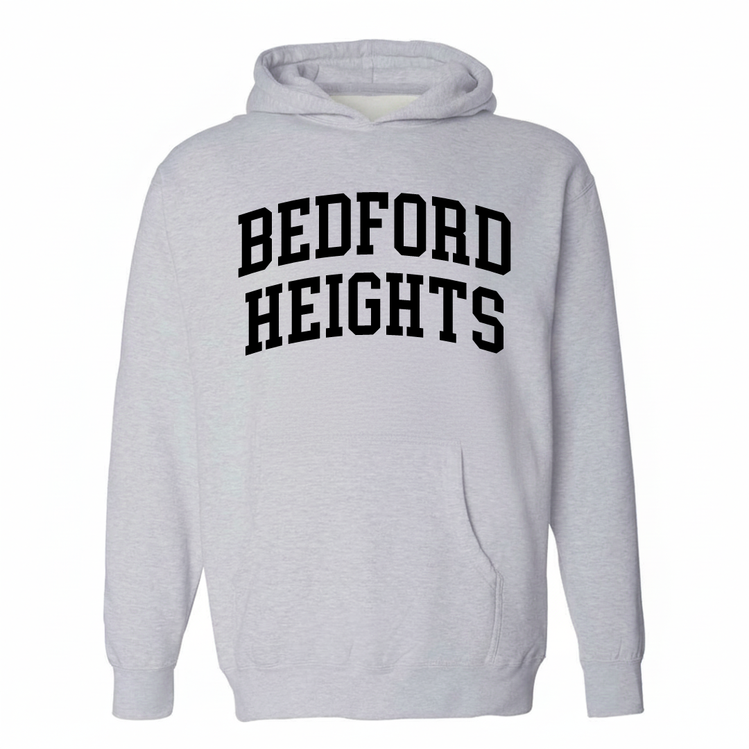Heather-gray hoodie with the Bedford Heights varsity arched lettering design on the chest.