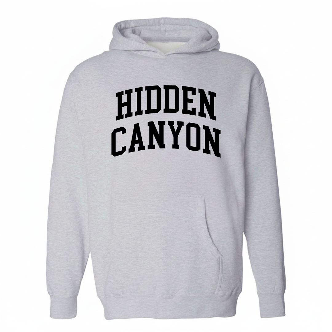 Heather-gray hoodie with the Hidden Canyon arched lettering design on the chest.