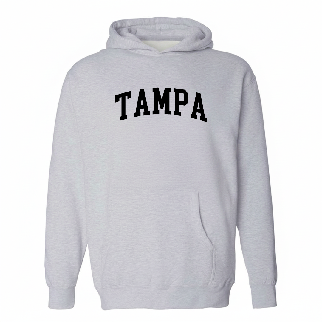 Heather-gray hoodie with the Tampa varsity arched lettering design on the chest.