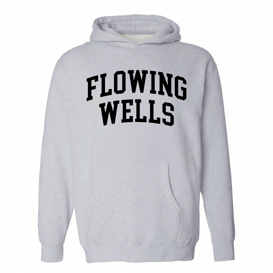 Heather-gray hoodie with the Flowing Wells varsity arched lettering design on the chest.