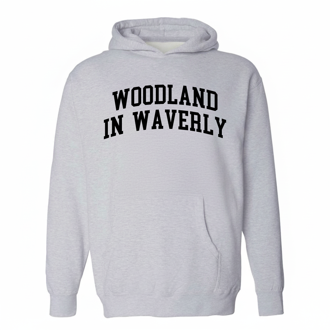Heather-gray hoodie with the Woodland-in-Waverly varsity arched lettering design on the chest.