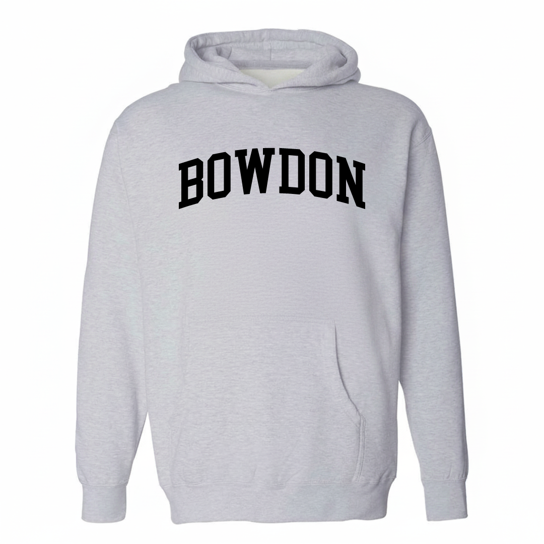 Heather-gray hoodie with the Bowdon varsity arched lettering design on the chest.