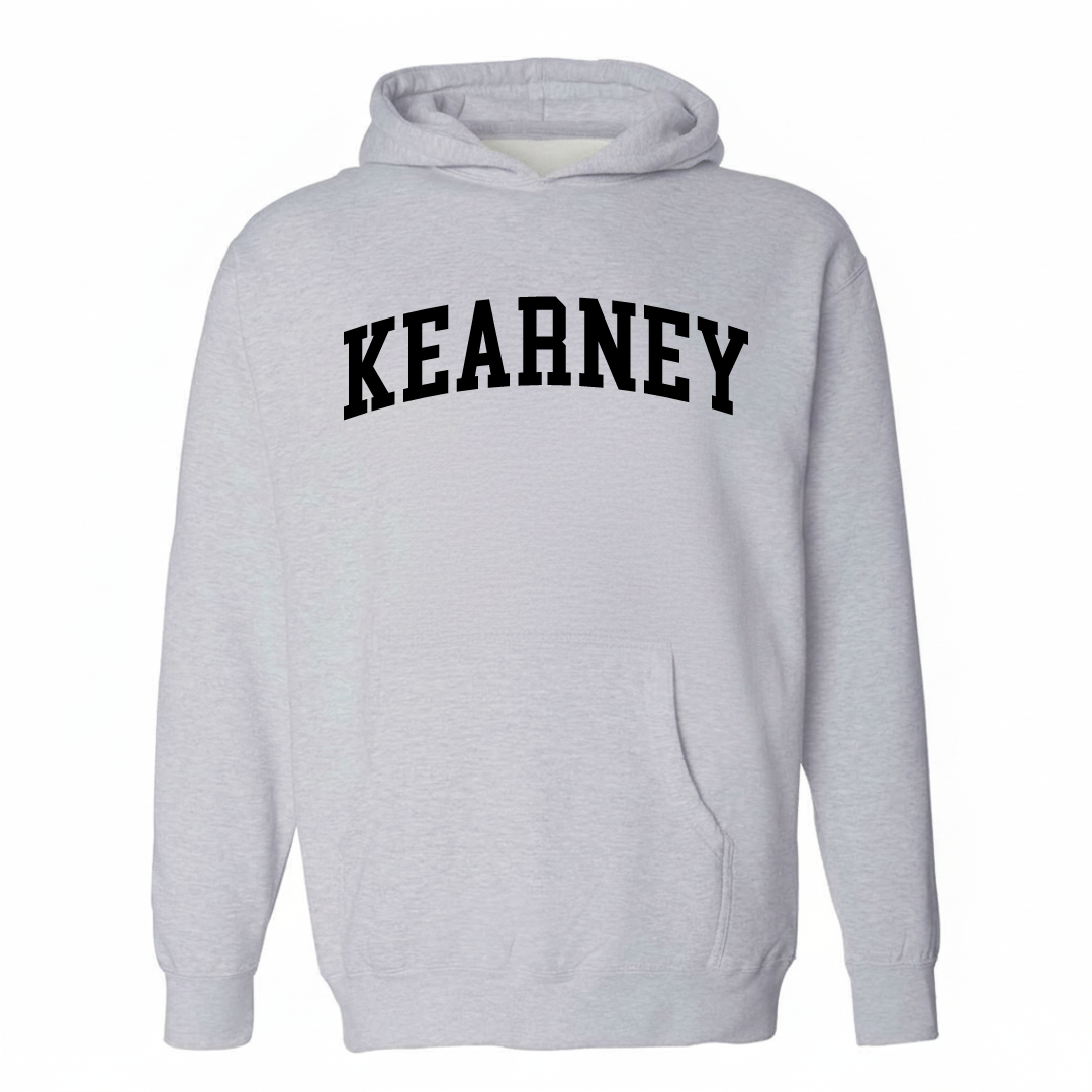 Heather-gray hoodie with the Kearney arched varsity lettering design on the chest.