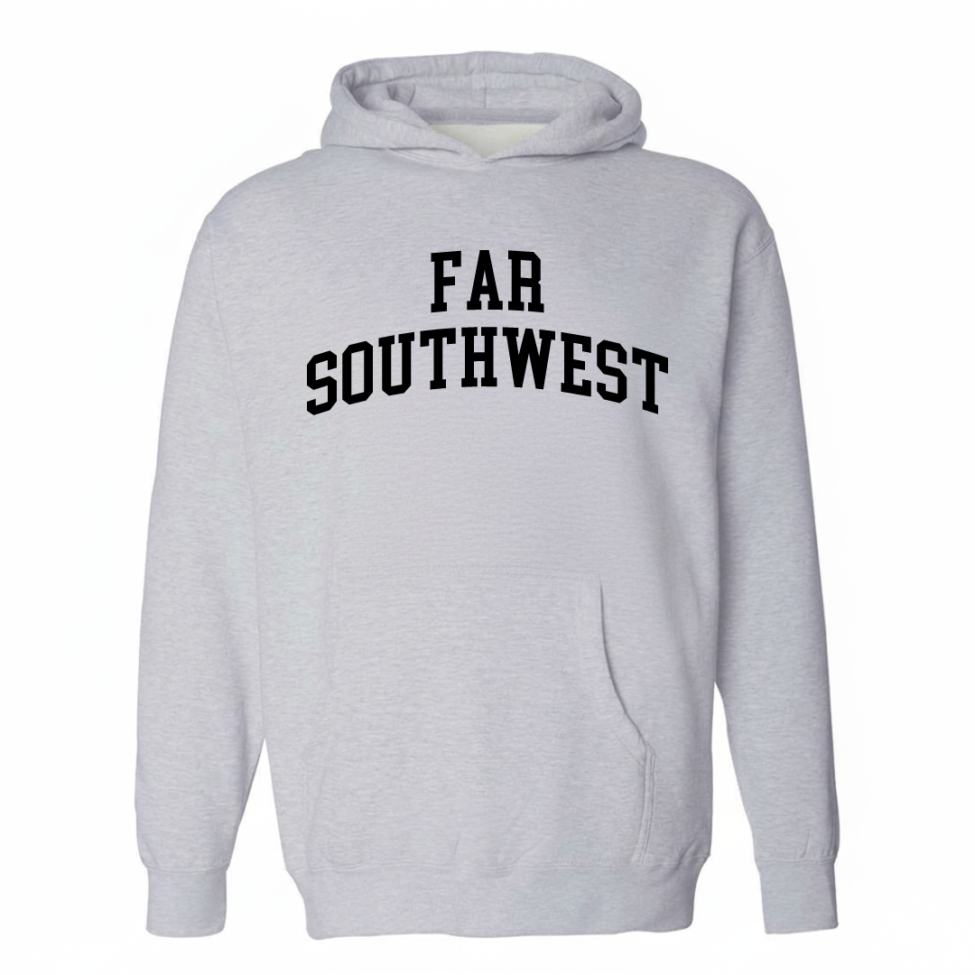 Heather-gray hoodie with the Far Southwest Portland varsity arched lettering design on the chest.