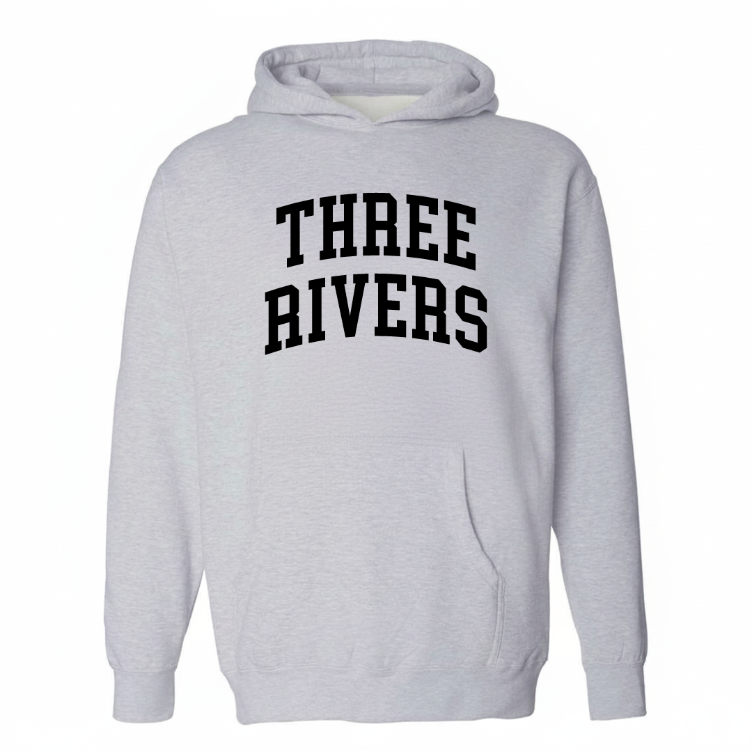 Heather-gray hoodie with the Three Rivers varsity arched lettering design on the chest.