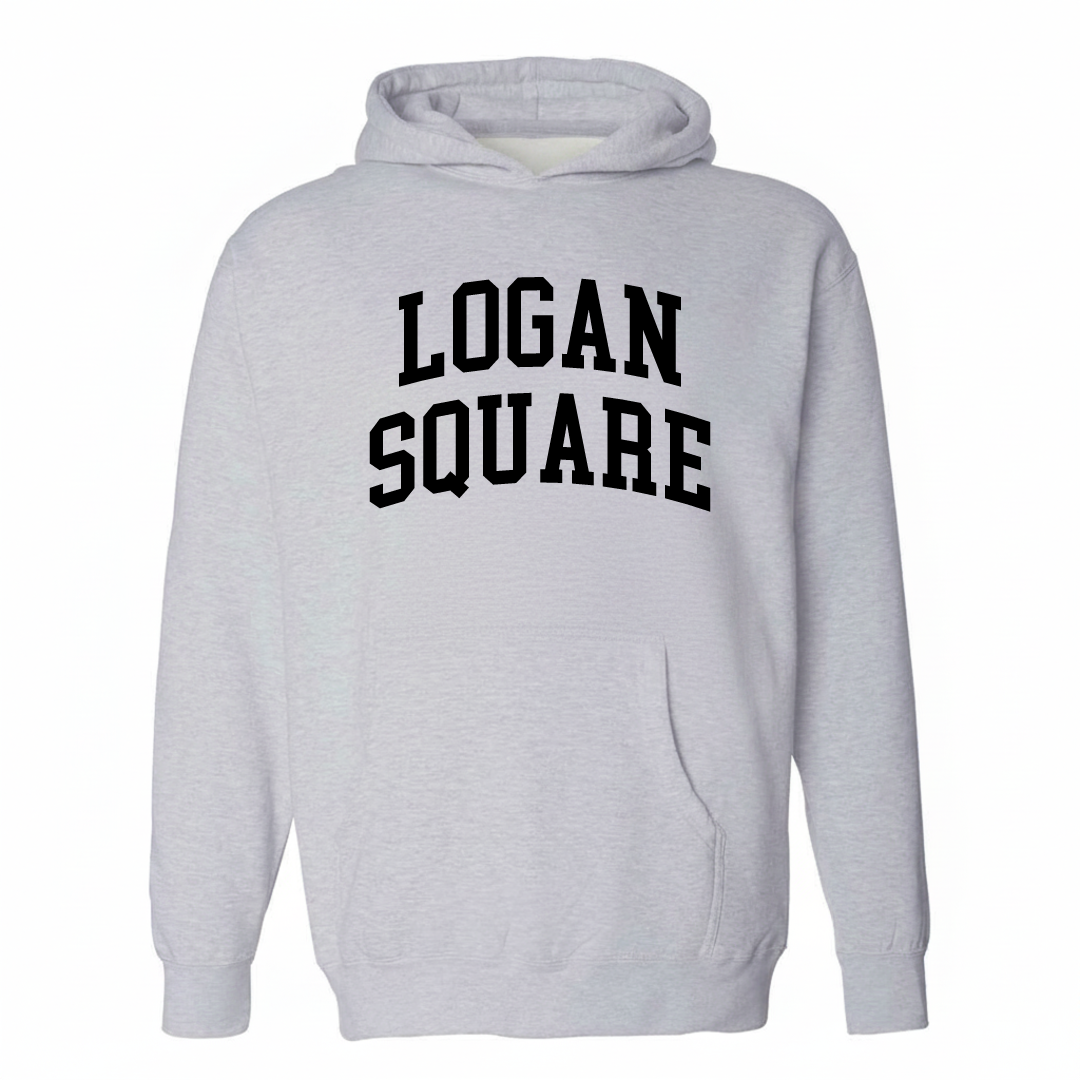 Heather-gray hoodie with the Logan Square varsity arched lettering design on the chest.