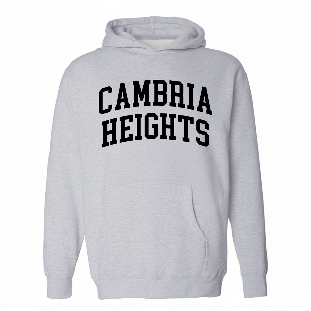 Heather-gray hoodie with the Cambria Heights varsity arched lettering design on the chest.
